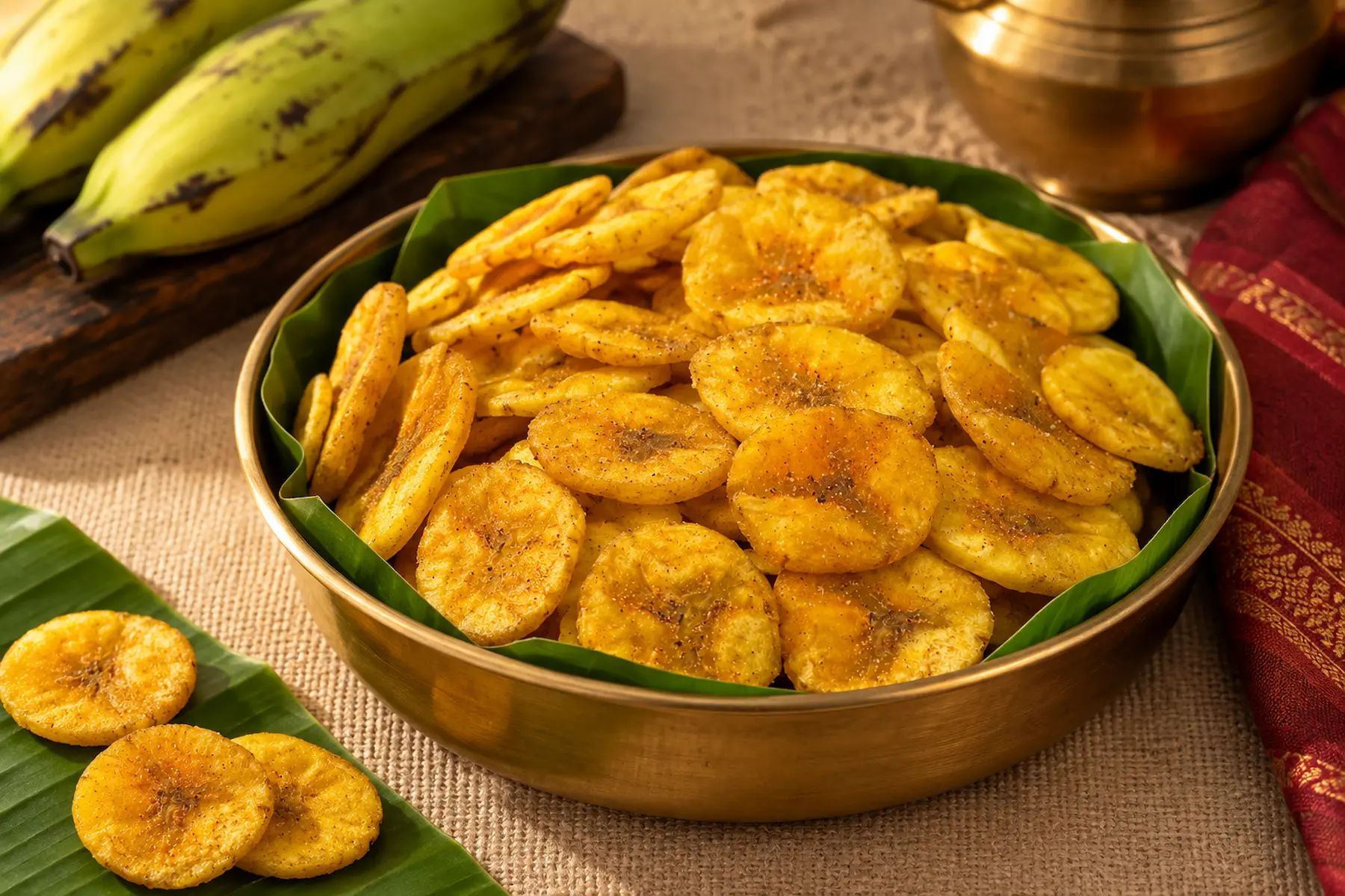Golden banana chips in a banana-leaf-lined brass bowl